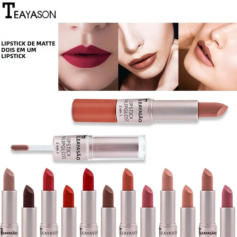 Batom a prova d'água de longa duração, 2 em 1, brilho labial
