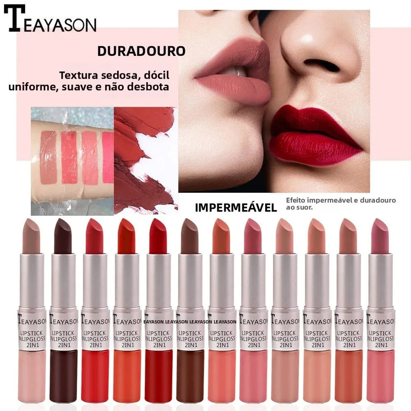 Batom a prova d'água de longa duração, 2 em 1, brilho labial